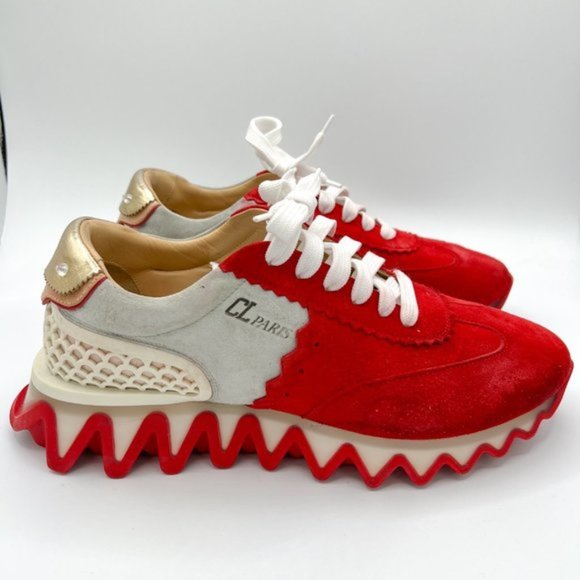 Men's Christian Louboutin Gray and Red Loubishark Sneakers 41.5 / US 8.5 - Picture 5 of 11